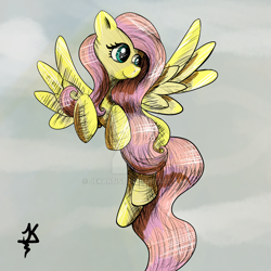 Size: 1280x1280 | Tagged: safe, artist:jekartist, imported from derpibooru, fluttershy, pegasus, pony, deviantart watermark, female, flying, head turned, looking away, mare, obtrusive watermark, outdoors, sky, sky background, smiling, solo, spread wings, turned head, watermark, wings