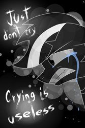 Size: 1040x1560 | Tagged: safe, artist:whitelie, imported from derpibooru, oc, oc only, oc:white lie, crying, monochrome, simple background, text