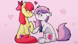 Size: 3840x2160 | Tagged: safe, artist:jellysiek, artist:jellysketch, imported from derpibooru, apple bloom, sweetie belle, earth pony, pony, unicorn, bandaid, blushing, cutie mark, female, heart, high res, in love, lesbian, looking at each other, love, scar, shipping, smiling, sweetiebloom