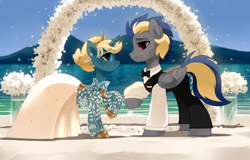 Size: 2500x1600 | Tagged: safe, artist:zlatavector, imported from derpibooru, oc, oc only, oc:maple parapet, oc:wabash, pegasus, pony, unicorn, clothes, costume, dress, female, freckles, male, mare, marriage, pregnant, stallion, wedding, wedding dress