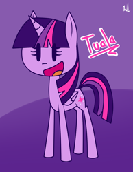 Size: 700x900 | Tagged: safe, artist:whitelie, imported from derpibooru, twilight sparkle, alicorn, misspelling, open mouth, simple background, smiling, text, twilight sparkle (alicorn)