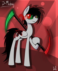 Size: 940x1160 | Tagged: safe, artist:whitelie, imported from derpibooru, oc, oc only, oc:mohag, pegasus, glowing eyes, scythe, simple background, weapon