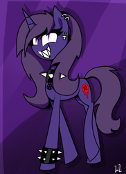 Size: 800x1100 | Tagged: safe, artist:whitelie, imported from derpibooru, oc, oc only, oc:purple nightmare, unicorn, bracelet, choker, ear piercing, earring, horn, jewelry, looking at you, piercing, sharp teeth, smiling, spiked choker, teeth, unicorn oc