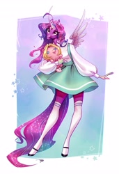 Size: 2807x4096 | Tagged: safe, artist:holivi, imported from derpibooru, oc, oc only, oc:dazzling talents, oc:mio, alicorn, anthro, unguligrade anthro, alicorn oc, clothes, commission, dress, female, horn, plushie, socks, stockings, thigh highs, wings