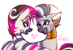 Size: 2652x1838 | Tagged: safe, artist:snowballflo, idw, imported from derpibooru, marini, zecora, zebra, bedroom eyes, ear piercing, earring, eyeshadow, female, heart, jewelry, lesbian, looking at each other, makeup, maricora, open mouth, piercing, shipping, simple background, white background