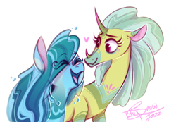 Size: 2652x1838 | Tagged: safe, artist:snowballflo, idw, imported from derpibooru, cactus rose, medley brook, abada, kelpie, eyes closed, female, heart, lesbian, mare, markings, medleyrose, open mouth, shipping, simple background, white background
