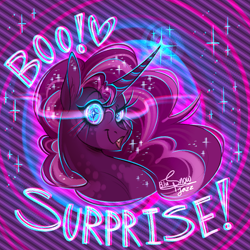 Size: 2593x2593 | Tagged: safe, artist:snowballflo, imported from derpibooru, pinkie pie, alicorn, pony, alicornified, alternate hairstyle, female, glowing horn, high res, horn, magic, mare, markings, nightmare pinkie, nightmarified, open mouth, pinkiecorn, race swap, solo, xk-class end-of-the-world scenario