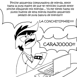 Size: 1000x1000 | Tagged: safe, artist:whitelie, imported from derpibooru, oc, oc only, oc:white lie, bracelet, clothes, computer, computer mouse, jewelry, laptop computer, looking up, monochrome, open mouth, screaming, shirt, simple background, spanish, speech bubble, swearing, text, vulgar, white background