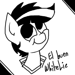 Size: 1000x1000 | Tagged: safe, artist:whitelie, imported from derpibooru, oc, oc only, oc:white lie, clothes, jacket, looking up, monochrome, shirt, simple background, smiling, spanish, text