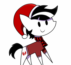 Size: 1172x1080 | Tagged: safe, artist:whitelie, imported from derpibooru, oc, oc:white lie, pony, chibi, christmas, clothes, hat, holiday, pointy ponies, santa hat, scarf, shirt, simple background, smiling, white background