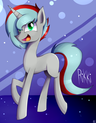 Size: 1100x1400 | Tagged: safe, artist:whitelie, imported from derpibooru, oc, oc only, oc:rikki, unicorn, looking at you, open mouth, simple background, smiling