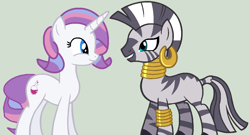 Size: 1198x648 | Tagged: safe, artist:jadeharmony, artist:jadethepegasus, artist:kingbases, imported from derpibooru, potion nova, zecora, pony, unicorn, zebra, my little pony: pony life, base used, bracelet, duo, ear piercing, earring, female, g4, g4.5, g4.5 to g4, gray background, grin, jewelry, looking at each other, mare, missing cutie mark, neck rings, piercing, pony life, simple background, smiling
