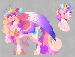Size: 2159x1636 | Tagged: safe, artist:wanderingpegasus, imported from derpibooru, princess cadance, alicorn, pony, alternate hairstyle, blaze (coat marking), blushing, chest fluff, chest freckles, coat markings, crown, curved horn, facial markings, female, fluffy, freckles, gray background, heart, heart horn, heart shaped, hoof shoes, horn, jewelry, mare, markings, pale belly, redesign, regalia, simple background, solo