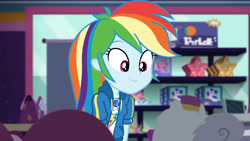 Size: 3410x1920 | Tagged: safe, imported from derpibooru, screencap, rainbow dash, equestria girls, equestria girls series, holidays unwrapped, spoiler:eqg series (season 2), clothes, cute, cutie mark, cutie mark on clothes, dashabetes, dashing through the mall, female, geode of super speed, hoodie, jewelry, magical geodes, necklace, smiling, solo