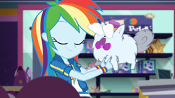Size: 3410x1920 | Tagged: safe, imported from derpibooru, screencap, rainbow dash, equestria girls, equestria girls series, holidays unwrapped, spoiler:eqg series (season 2), clothes, cutie mark, cutie mark on clothes, dashing through the mall, eyes closed, female, geode of super speed, hoodie, jewelry, magical geodes, necklace, smiling, solo