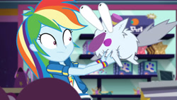 Size: 3410x1920 | Tagged: safe, imported from derpibooru, screencap, rainbow dash, equestria girls, equestria girls series, holidays unwrapped, spoiler:eqg series (season 2), clothes, cutie mark, cutie mark on clothes, dashing through the mall, female, geode of super speed, hoodie, jewelry, magical geodes, necklace, solo, wide eyes