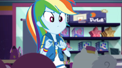Size: 3410x1920 | Tagged: safe, imported from derpibooru, screencap, rainbow dash, equestria girls, equestria girls series, holidays unwrapped, spoiler:eqg series (season 2), clothes, cutie mark, cutie mark on clothes, dashing through the mall, female, geode of super speed, hoodie, jewelry, magical geodes, necklace, solo
