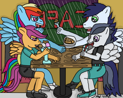 Size: 1024x820 | Tagged: safe, artist:kitsune85, imported from derpibooru, rainbow dash, rumble, scootaloo, soarin', anthro, cafe, clothes, double date, eating, female, food, ice cream, male, pie, rain, rumbloo, shipping, shoes, sitting, soarindash, soda, straight