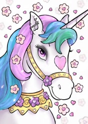 Size: 339x480 | Tagged: safe, artist:mariashek, imported from derpibooru, princess celestia, alicorn, pony, alternate design, bridle, ear piercing, earring, female, floating heart, flower, flower in hair, halter, harness, heart, hoers, horse face, industrial piercing, jewelry, piercing, princess celestia is a horse, solo, tack