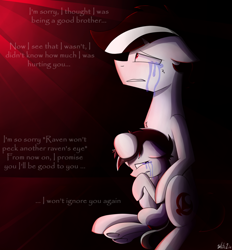 Size: 1300x1400 | Tagged: safe, artist:whitelie, imported from derpibooru, oc, oc only, oc:white lie, crying, foal, hug, sitting, text