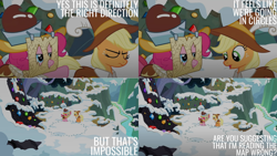 Size: 1280x720 | Tagged: safe, edit, edited screencap, editor:quoterific, imported from derpibooru, screencap, applejack, chancellor puddinghead, pinkie pie, smart cookie, earth pony, pony, hearth's warming eve (episode), season 2, eyes closed, female, mare, snow