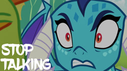 Size: 1280x720 | Tagged: safe, edit, edited screencap, editor:quoterific, imported from derpibooru, screencap, princess ember, thorax, changedling, changeling, dragon, triple threat, angry, female, king thorax, male, mare, solo focus, stallion, stop talking