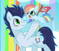 Size: 1039x893 | Tagged: safe, artist:galaxy-sparkleyt, imported from derpibooru, soarin', oc, oc:stardash, pony, base used, father and child, father and daughter, female, holding a pony, like father like daughter, like parent like child, male, offspring, parent:rainbow dash, parent:soarin', parents:soarindash