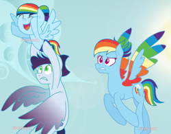 Size: 1014x792 | Tagged: safe, artist:firesparkmlp, imported from derpibooru, rainbow dash, soarin', oc, oc:rainbow power, base used, colored wings, female, filly, flying, male, offspring, parent:rainbow dash, parent:soarin', parents:soarindash, shipping, soarindash, straight, watermark, wings