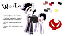 Size: 2560x1440 | Tagged: safe, artist:whitelie, imported from derpibooru, oc, oc only, oc:white lie, bracelet, choker, clothes, cutie mark, jacket, jewelry, reference sheet, shirt, simple background, spiked choker, text, transparent background