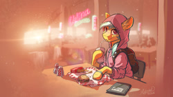 Size: 1492x839 | Tagged: safe, artist:helmie-art, artist:helmie-d, imported from derpibooru, oc, oc only, oc:karoline skies, earth pony, pony, backpack, bendy straw, burger, chair, clothes, cup, drinking straw, ear fluff, female, food, french fries, hoodie, looking at you, mare, notebook, sitting, solo