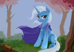 Size: 3508x2480 | Tagged: safe, artist:anonymous, imported from derpibooru, trixie, pony, unicorn, confident, female, grass, lidded eyes, looking at you, mare, outdoors, redraw, sitting, smiling, solo, tree, unofficial edits thread, wind, windswept mane