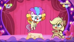 Size: 828x468 | Tagged: safe, imported from derpibooru, applejack, fluttershy, lolly-pop, my little pony: pony life, spoiler:pony life, spoiler:pony life s02e19, apple, clown, clown nose, cute, flutterclown, food, juggling, tiny pop