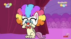 Size: 828x452 | Tagged: safe, imported from derpibooru, lolly-pop, my little pony: pony life, spoiler:pony life, spoiler:pony life s02e19, clown, clown makeup, clown nose, clown wig, flutterclown