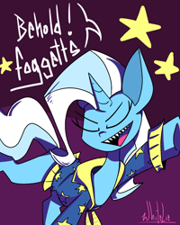 Size: 1200x1500 | Tagged: safe, artist:whitelie, imported from derpibooru, trixie, clothes, eyes closed, jacket, open mouth, posing for photo, sharp teeth, simple background, slur, smiling, speech bubble, stars, teeth, text