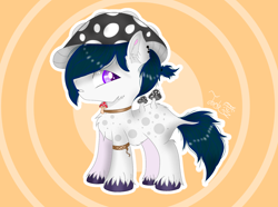 Size: 1650x1226 | Tagged: source needed, useless source url, safe, artist:jadebreeze115, imported from derpibooru, earth pony, hybrid, original species, pony, bracelet, chest fluff, ear fluff, ear piercing, hat, jewelry, looking at you, male, mushroom, necklace, piercing, ponytail, purple eyes, simple background, solo, spotted, stallion, standing, unshorn fetlocks