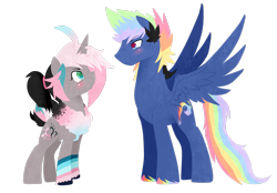 Size: 2931x2045 | Tagged: safe, artist:kraytt-05, imported from derpibooru, oc, oc only, oc:cotton foam, oc:rainbow thunder, hybrid, duo, female, high res, interspecies offspring, magical lesbian spawn, male, mare, multicolored hooves, offspring, parent:oc:fluffle puff, parent:queen chrysalis, parent:rainbow dash, parent:soarin', parents:canon x oc, parents:chrysipuff, parents:soarindash, simple background, stallion, transparent background, unshorn fetlocks