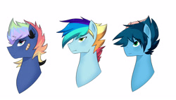 Size: 3239x1851 | Tagged: safe, artist:kraytt-05, imported from derpibooru, oc, oc only, oc:chasing cloud, oc:philadelfia, oc:rainbow thunder, bandaid, brothers, bust, male, multicolored hair, offspring, parent:rainbow dash, parent:soarin', parents:soarindash, rainbow hair, siblings, simple background, stallion, trio, white background