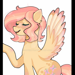 Size: 900x900 | Tagged: safe, artist:choisky13, imported from derpibooru, fluttershy, pegasus, pony, alternate hairstyle, deviantart watermark, female, mare, markings, obtrusive watermark, open mouth, raised hoof, redesign, simple background, solo, watermark, white background