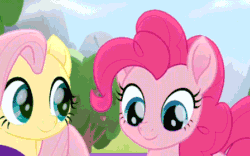 Size: 448x279 | Tagged: safe, imported from derpibooru, screencap, fluttershy, pinkie pie, earth pony, pegasus, pony, rainbow roadtrip, animated, cropped, cute, diapinkes, eyes closed, female, gif, hug, mare, shyabetes, smiling