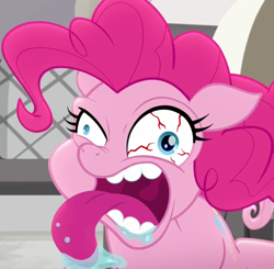 Size: 1102x1080 | Tagged: safe, imported from derpibooru, screencap, pinkie pie, earth pony, pony, rainbow roadtrip, bloodshot eyes, close-up, crazy face, cropped, disturbing, drool, faic, female, horrifying, jesus christ how horrifying, mare, mawshot, open mouth, pinkie pie is best facemaker, simpsons did it, terrorize, thanks i hate it, tongue out, uvula