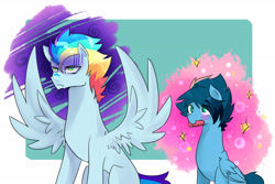 Size: 3000x2000 | Tagged: safe, artist:kraytt-05, imported from derpibooru, oc, oc:chasing cloud, oc:philadelfia, pony, annoyed, brothers, comb, duo, high res, male, mouth hold, offspring, parent:rainbow dash, parent:soarin', parents:soarindash, siblings, spread wings, stallion, wings