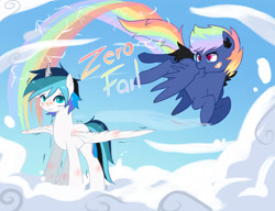 Size: 2600x2000 | Tagged: safe, artist:kraytt-05, imported from derpibooru, oc, oc:rainbow thunder, oc:zero fire, alicorn, pegasus, alicorn oc, bandaid, colt, flying, high res, horn, male, multicolored hair, offspring, parent:princess cadance, parent:rainbow dash, parent:shining armor, parent:soarin', parents:shiningcadance, parents:soarindash, rainbow hair, wings