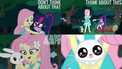 Size: 1280x720 | Tagged: safe, edit, edited screencap, editor:quoterific, imported from derpibooru, screencap, angel bunny, fluttershy, sci-twi, twilight sparkle, rabbit, equestria girls, equestria girls series, stressed in show, stressed in show: fluttershy, spoiler:eqg series (season 2), angelbetes, animal, boots, bowtie, clothes, cute, cutie mark, cutie mark on clothes, female, forest, geode of fauna, geode of telekinesis, glasses, hairpin, jewelry, magical geodes, male, mud, necklace, ponytail, shoes