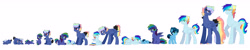 Size: 5475x1095 | Tagged: safe, artist:kraytt-05, imported from derpibooru, oc, oc:chasing cloud, oc:gale, oc:philadelfia, oc:rainbow thunder, unnamed oc, pony, age progression, baby, baby pony, brothers, colt, female, filly, male, offspring, parent:rainbow dash, parent:soarin', parents:soarindash, siblings, simple background, white background