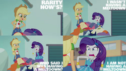 Size: 1280x720 | Tagged: safe, edit, edited screencap, editor:quoterific, imported from derpibooru, screencap, applejack, rarity, equestria girls, equestria girls series, rollercoaster of friendship, angry, applejack's hat, belt, boots, bracelet, clothes, cowboy boots, cowboy hat, cutie mark, cutie mark on clothes, denim skirt, geode of shielding, geode of super strength, hairpin, hat, jewelry, magical geodes, marshmelodrama, meltdown, necklace, rage, rarirage, rarity being rarity, rarity peplum dress, shoes, skirt