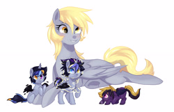 Size: 2800x1800 | Tagged: safe, artist:kraytt-05, imported from derpibooru, derpy hooves, oc, alicorn, bat pony, alicorn oc, bat pony oc, bat wings, colt, derp, female, filly, freckles, frog (hoof), heterochromia, horn, lying down, magical lesbian spawn, male, mother and child, offspring, parent:derpy hooves, parent:princess luna, parents:lunaderp, prone, simple background, underhoof, white background, wings