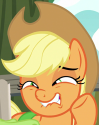 Size: 667x843 | Tagged: safe, imported from derpibooru, screencap, applejack, earth pony, pony, going to seed, applejack is best facemaker, applejack's hat, bag, cowboy hat, cringing, cropped, faic, female, great moments in animation, hat, lip bite, mare, saddle bag