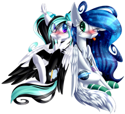 Size: 2567x2337 | Tagged: safe, artist:mediasmile666, imported from derpibooru, oc, oc only, pegasus, :p, blushing, clothes, duo, ear fluff, female, high res, jewelry, looking at each other, mare, pendant, simple background, socks, starry eyes, tongue out, transparent background, two toned wings, underhoof, wingding eyes, wings