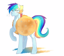 Size: 2300x2000 | Tagged: safe, artist:kraytt-05, imported from derpibooru, oc, oc only, oc:philadelfia, pegasus, pony, breath, clothes, costume, cross-popping veins, food, food cosutme, high res, male, multicolored hair, offspring, parent:rainbow dash, parent:soarin', parents:soarindash, rainbow hair, raised hoof, simple background, snorting, stallion, white background