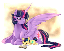 Size: 2500x2000 | Tagged: safe, artist:kraytt-05, imported from derpibooru, twilight sparkle, oc, oc:light sword, alicorn, pegasus, pony, blank flank, book, colt, duo, female, high res, lying down, male, mama twilight, mare, mother and child, mother and son, offspring, one wing out, parent:flash sentry, parent:twilight sparkle, parents:flashlight, prone, sleeping, twilight sparkle (alicorn), wings